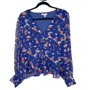 Nine West Blue Floral Print Button Front Sheer Chiffon Blouse Top XXL Peplum